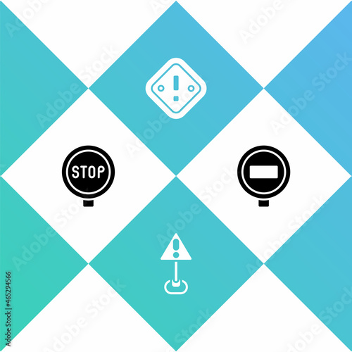 Set Stop sign, Exclamation mark in triangle, and icon. Vector