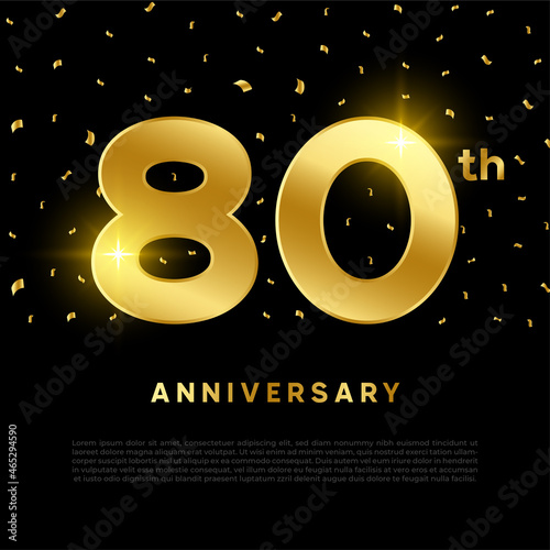 80th anniversary celebration with gold glitter color and black background. Vector design for celebrations, invitation cards and greeting cards.