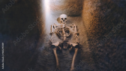 Skeleton in tomb. The skeleton of the princess. Archaeological excavations and finds, a detail of ancient research, prehistory. Bones of a skeleton in a human burial
