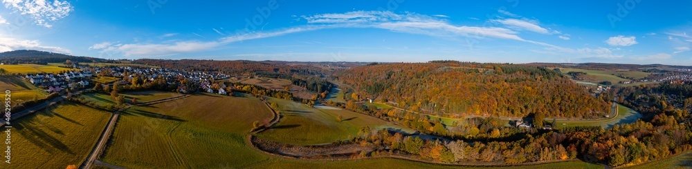 Panorama from a bird's eye view of the Aartal in Taunus / Germany in autumn 
