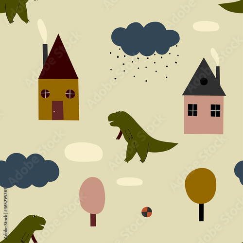 Seamless childish pattern with houses, trees, dinosaurs,ball, and clouds. Nordic nature landscape concept. photo