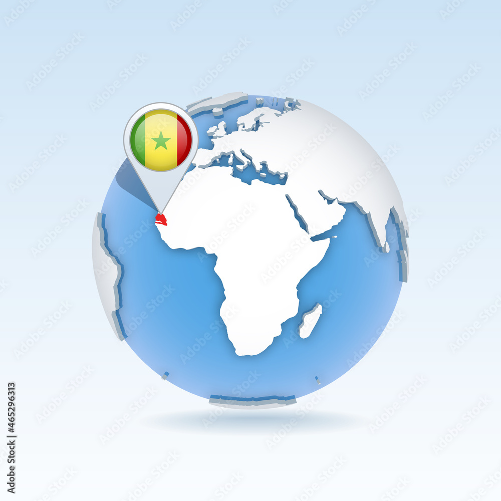 Obraz premium Senegal - country map and flag located on globe, world map.