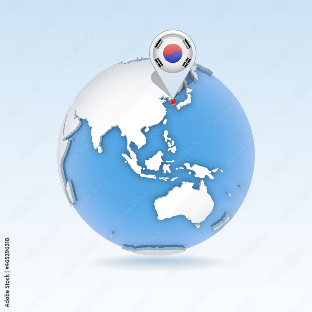 South Korea - country map and flag located on globe, world map. South Korea - country map and flag located on globe, world map.