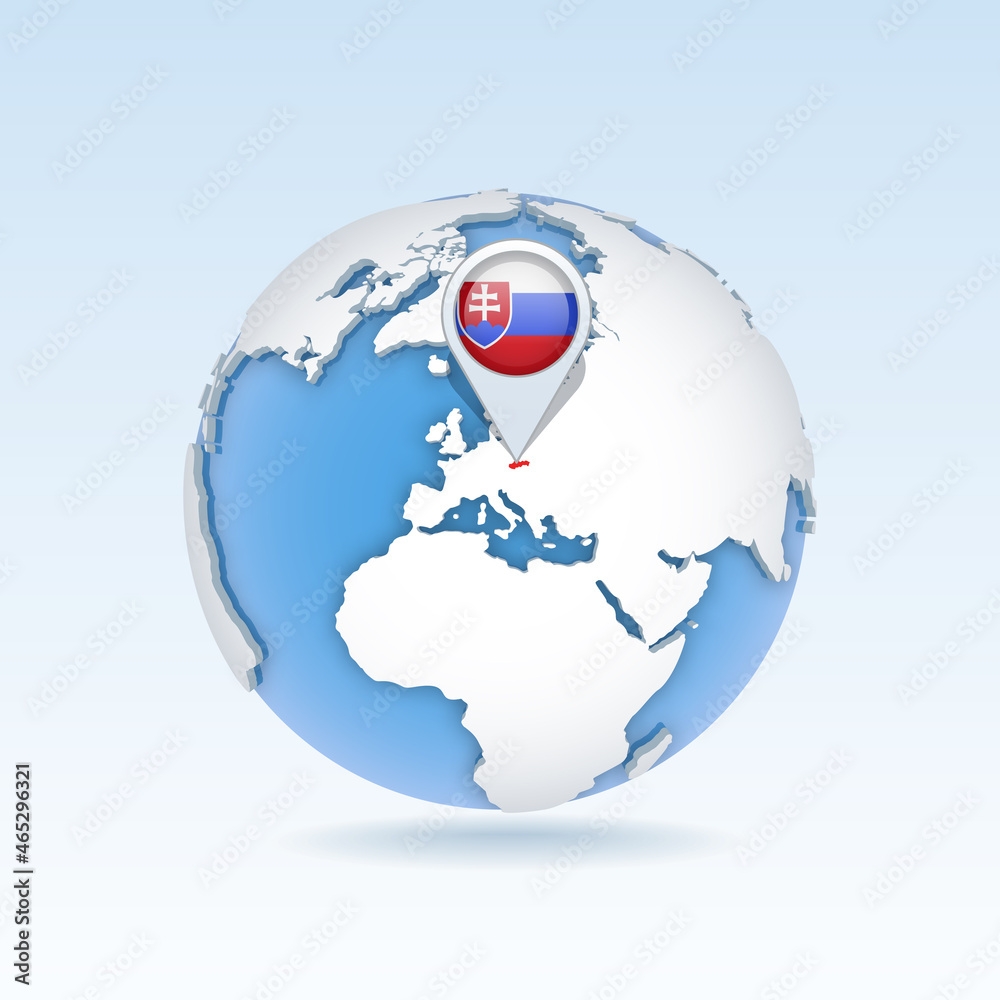Slovakia - country map and flag located on globe, world map. Slovakia - country map and flag located on globe, world map.