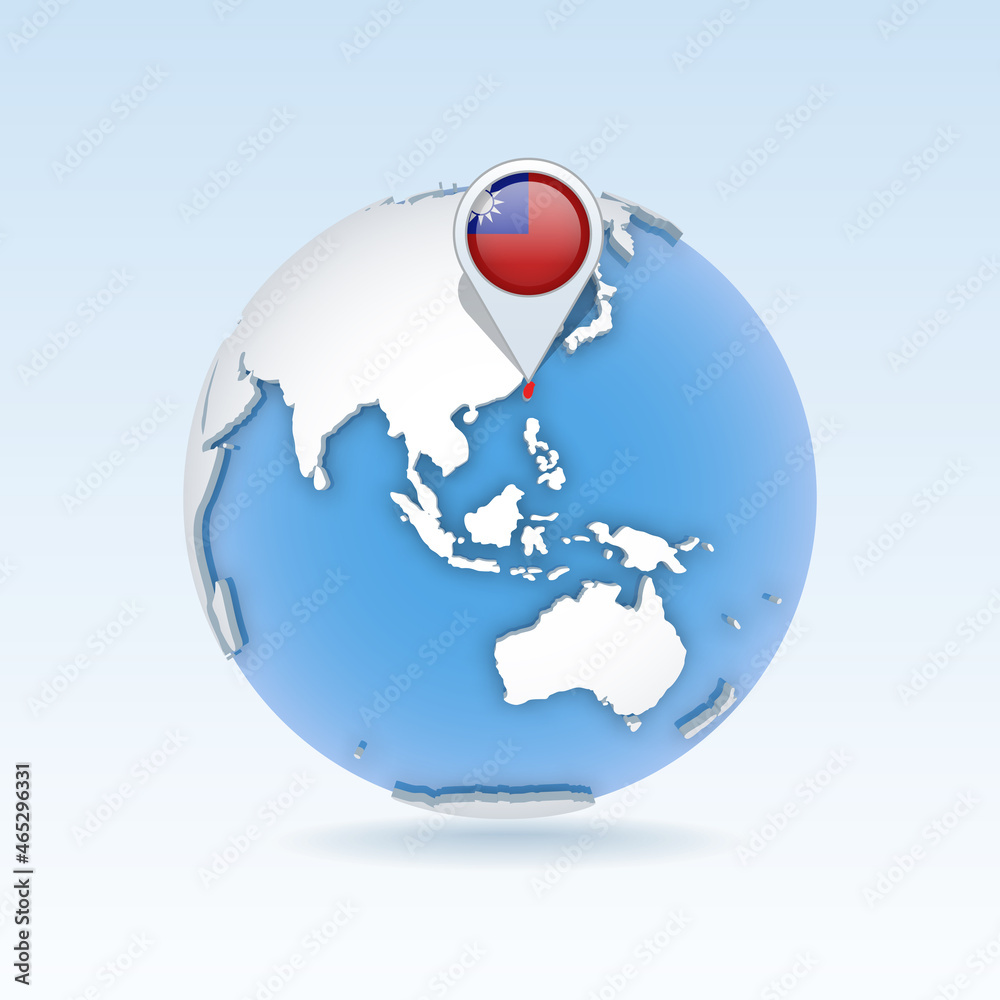 Taiwan - country map and flag located on globe, world map. Taiwan - country map and flag located on globe, world map.