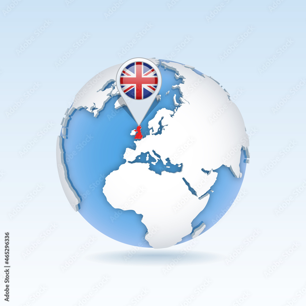 United Kingdom - country map and flag located on globe, world map. United Kingdom - country map and flag located on globe, world map.