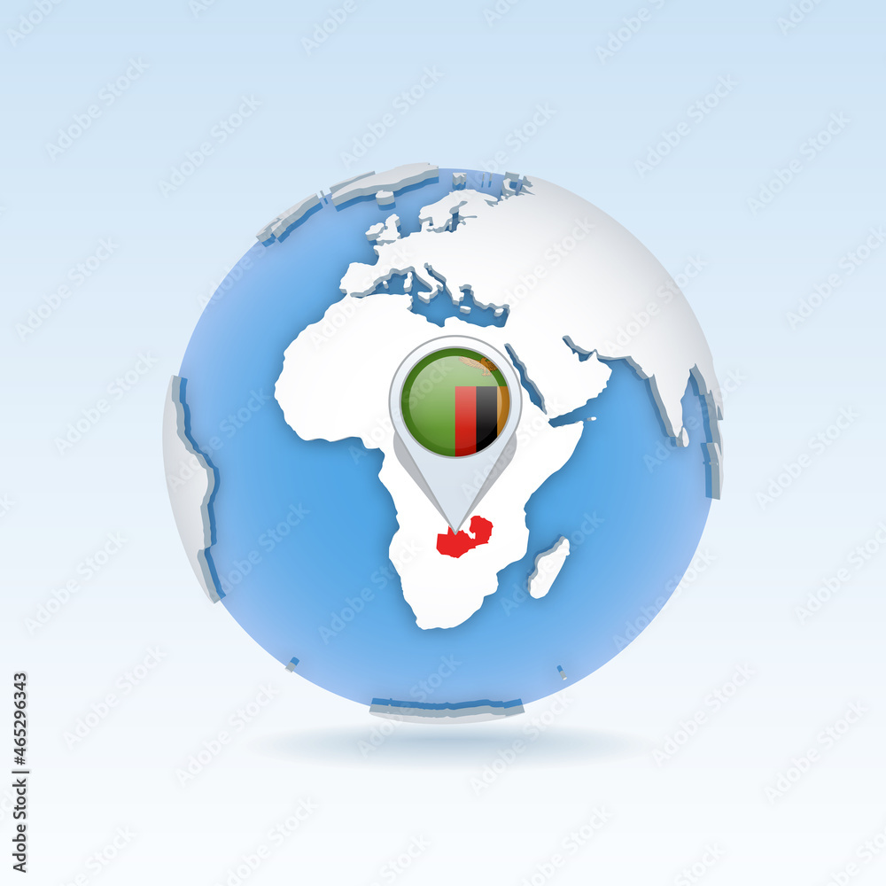Zambia - country map and flag located on globe, world map. Zambia - country map and flag located on globe, world map.
