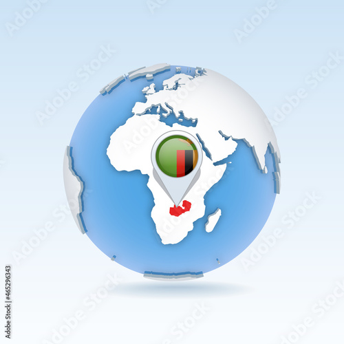 Zambia - country map and flag located on globe, world map.