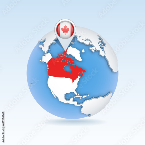 Canada - country map and flag located on globe, world map.