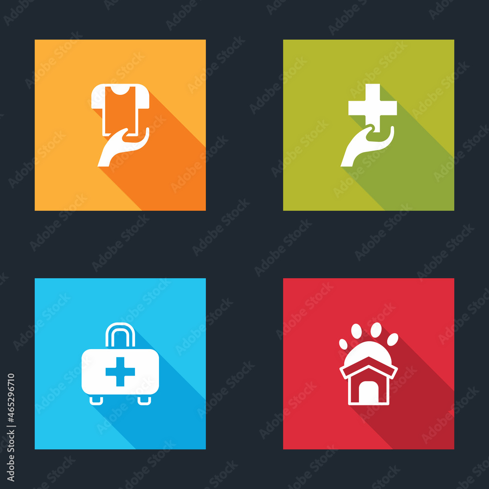 Set Clothes donation, Heart with cross, First aid kit and Animal shelter house icon. Vector Set Clothes donation, Heart with cross, First aid kit and Animal shelter house icon. Vector