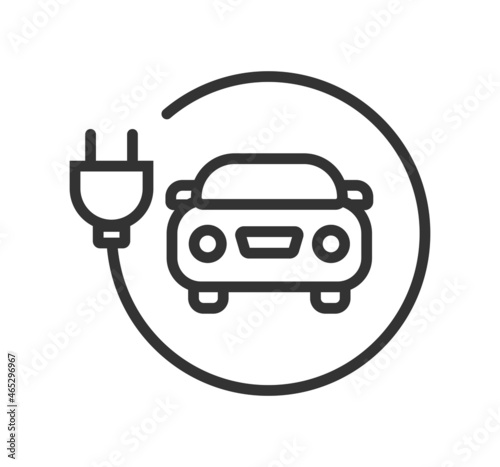 Electric car icon set. Electrical automobile cable contour and plug charging black symbol. Eco friendly electro auto vehicle concept. Vector electricity illustration