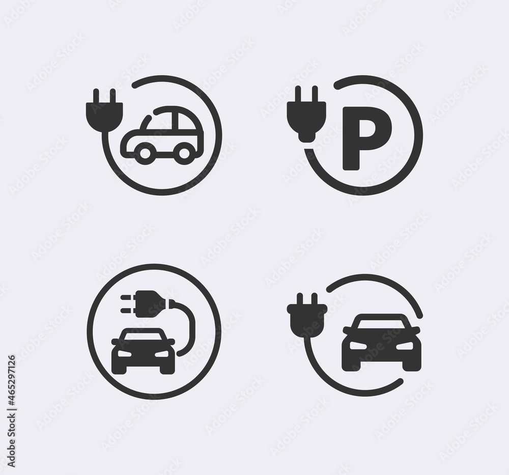 Electric car icon set. Electrical automobile cable contour and plug charging black symbol. Eco friendly electro auto vehicle concept. Vector electricity illustration Electric car icon set. Electrical automobile cable contour and plug charging black symbol. Eco friendly electro auto vehicle concept. Vector electricity illustration