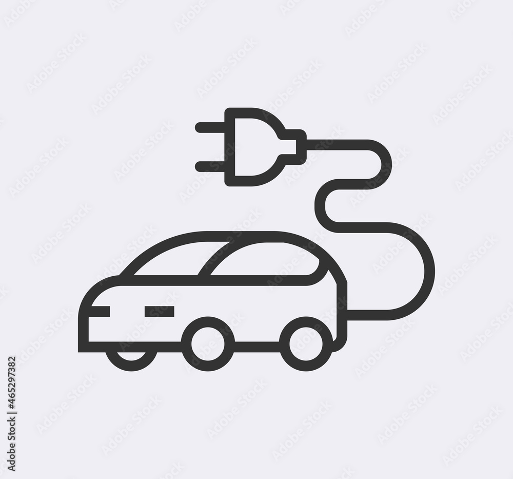 Electric car icon set. Electrical automobile cable contour and plug charging black symbol. Eco friendly electro auto vehicle concept. Vector electricity illustration