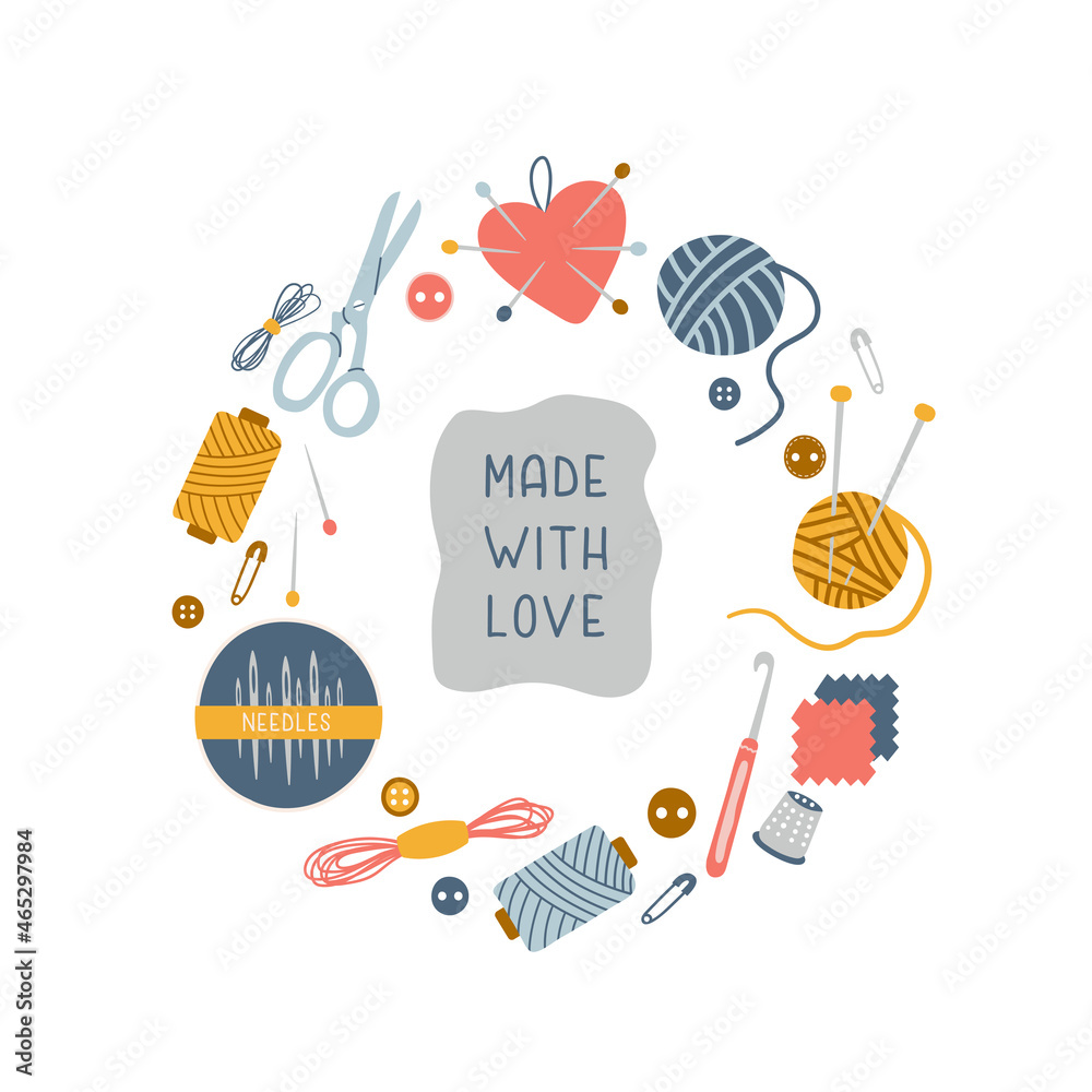 Made with love text in round frame with hand drawn tools needlework isolated on white background. Trendy vector illustration