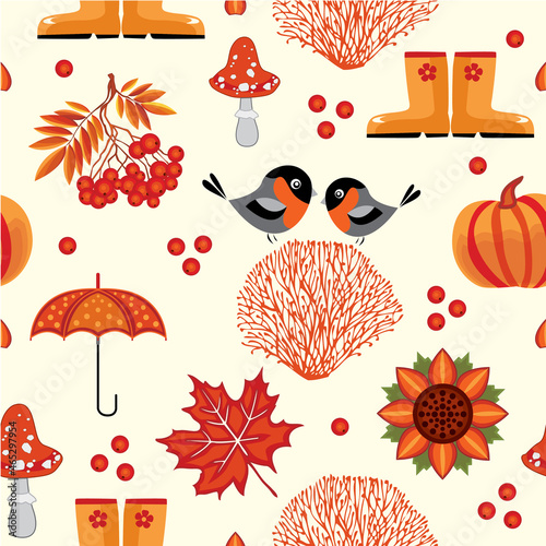 Vector illustration of autumn icons. Seamless pattern - autumn. Beige background. Pumpkin, umbrella, mountain ash, bullfinches. Background for fabric, book, album, postcard, advertisement, magazine.