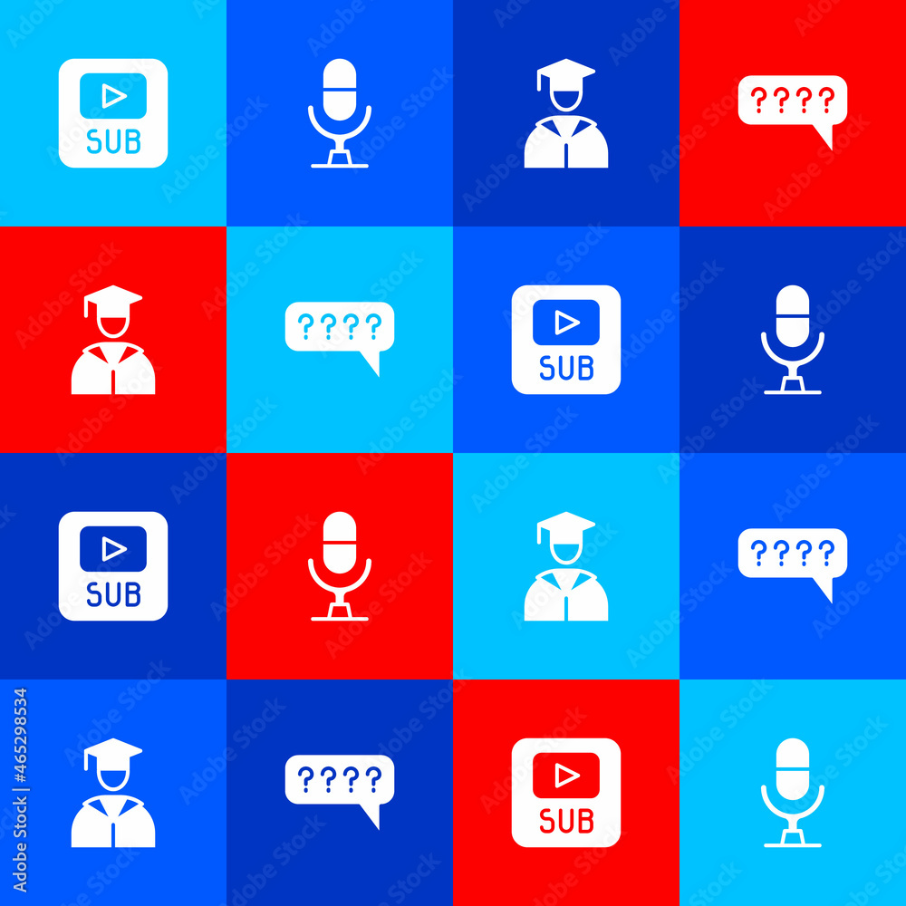 Set Video with subtitles, Microphone voice device, Graduate and graduation cap and Speech bubbles Question icon. Vector Set Video with subtitles, Microphone voice device, Graduate and graduation cap and Speech bubbles Question icon. Vector