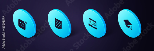 Set Isometric Graduation cap, Foreign language online study, Notebook and Online translator icon. Vector