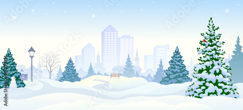 Vector illustration of a snowy city park, winter landscape panorama