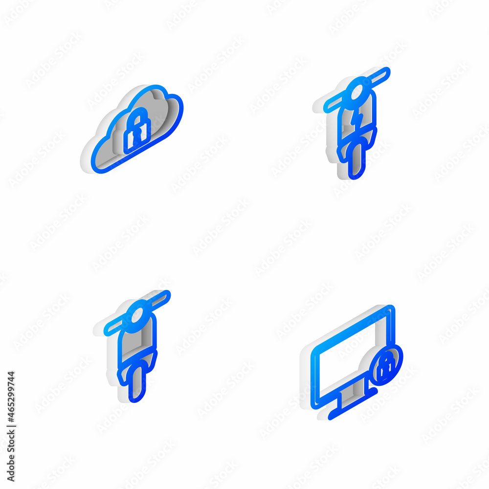 Set Isometric line Electric scooter, Cloud computing lock, Scooter and Lock on monitor icon. Vector Set Isometric line Electric scooter, Cloud computing lock, Scooter and Lock on monitor icon. Vector
