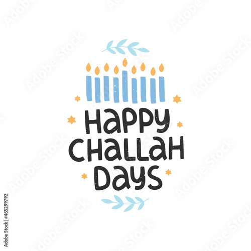 Hanukkah hand drawn lettering celebration typography. Jewish holiday. Happy Challah days. Festive design with candle. Template for banner, greeting card, invitation, flyer, poster. Vector illustration