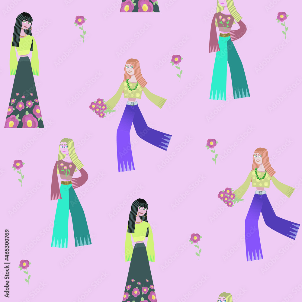 Pink light with multicolored trendy girls and flowers seamless vector pattern