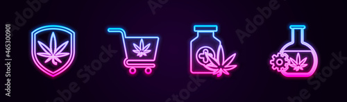 Set line Shield and marijuana, Shopping cart with, Medical bottle and Test tube. Glowing neon icon. Vector