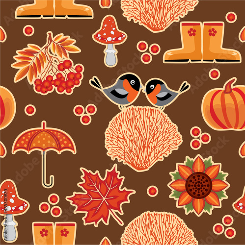 Vector illustration of autumn icons on a dark background. Seamless pattern - autumn. Pumpkin  umbrella  mountain ash  bullfinches. Background for fabric  book  album  postcard  advertising  stickers.
