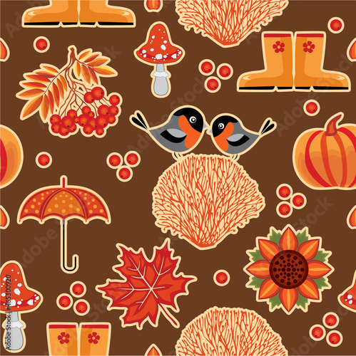Vector illustration of autumn icons on a dark background. Seamless pattern - autumn. Pumpkin, umbrella, mountain ash, bullfinches. Background for fabric, book, album, postcard, advertising, stickers.