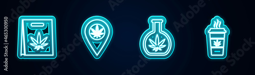 Set line Shopping bag of marijuana, Location and, Test tube with and Cup coffee. Glowing neon icon. Vector