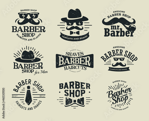 Barbershop vector retro logo set. Hipster barber shop label, gentleman silhouette with moustache, glasses, tie and hats. Vintage flat round logo template. Logotype concept design for hairdresser