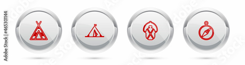 Set line Tourist tent, with flag, Canteen water bottle and Compass. Silver circle button. Vector