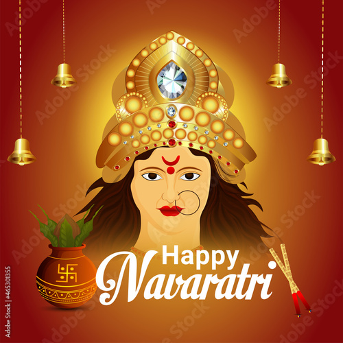 Realistic happy navratri indian festival celebration greeting card with goddess durga face illustration