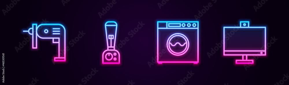 Set line Electric drill machine, Blender, Washer and Computer monitor. Glowing neon icon. Vector Set line Electric drill machine, Blender, Washer and Computer monitor. Glowing neon icon. Vector