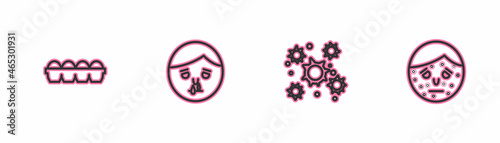 Set line Chicken egg in box, Bacteria, Runny nose and Face with psoriasis or eczema icon. Vector