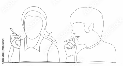 man and woman smoking a cigarette one continuous line drawing vector
