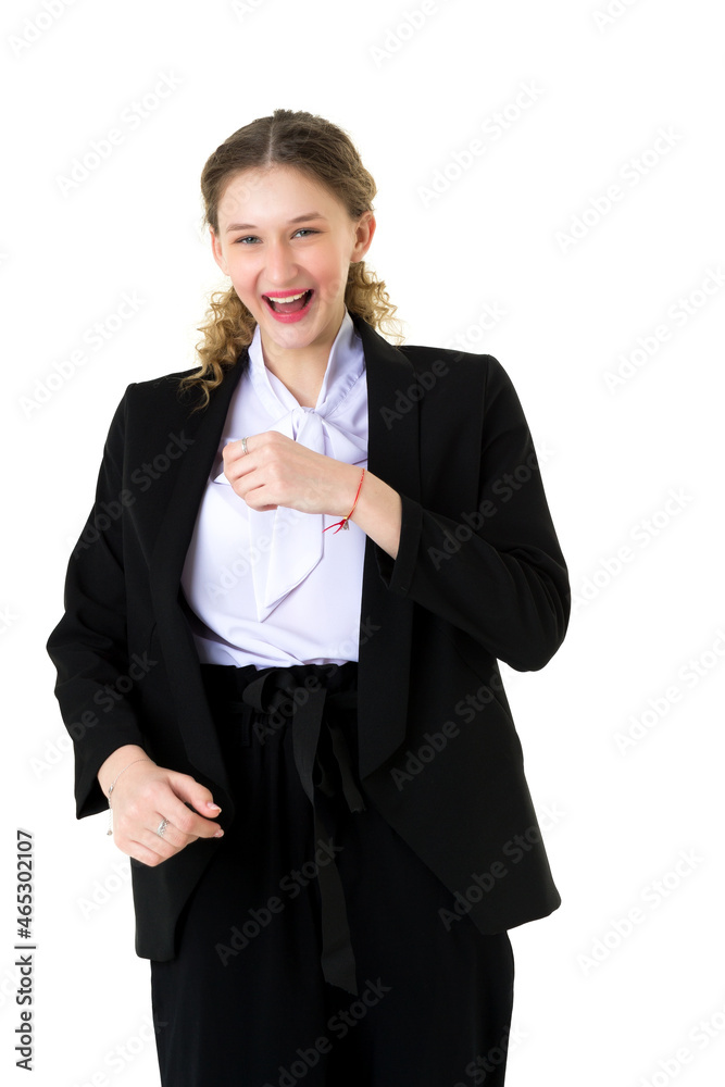 Happy joyful student girl in formal black suit Happy joyful student girl in formal black suit