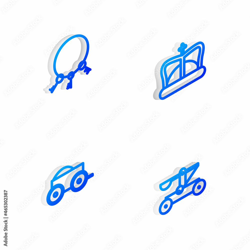 Set Isometric line King crown, Old keys, Wooden four-wheel cart and Catapult shooting stones icon. Vector Set Isometric line King crown, Old keys, Wooden four-wheel cart and Catapult shooting stones icon. Vector