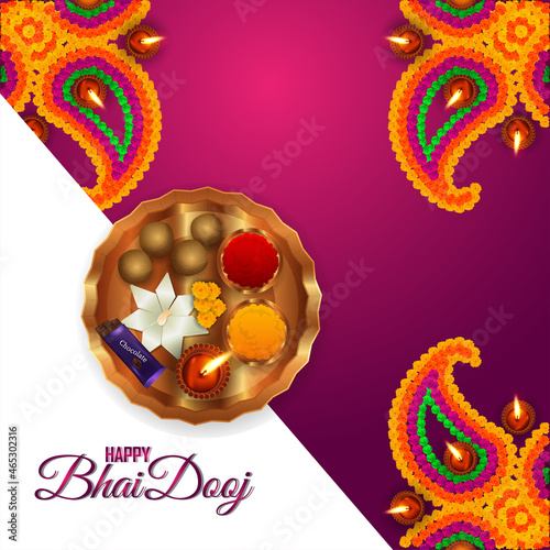 Happy bhai dooj indian festival greeting card with creative gifts and pooja thali