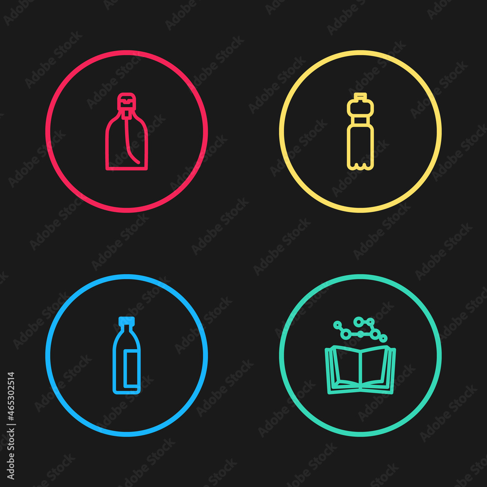 Set line Lotion cosmetic tube, Open book, Bottle of water and liquid soap icon. Vector Set line Lotion cosmetic tube, Open book, Bottle of water and liquid soap icon. Vector