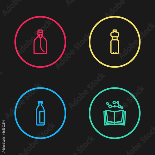 Set line Lotion cosmetic tube, Open book, Bottle of water and liquid soap icon. Vector