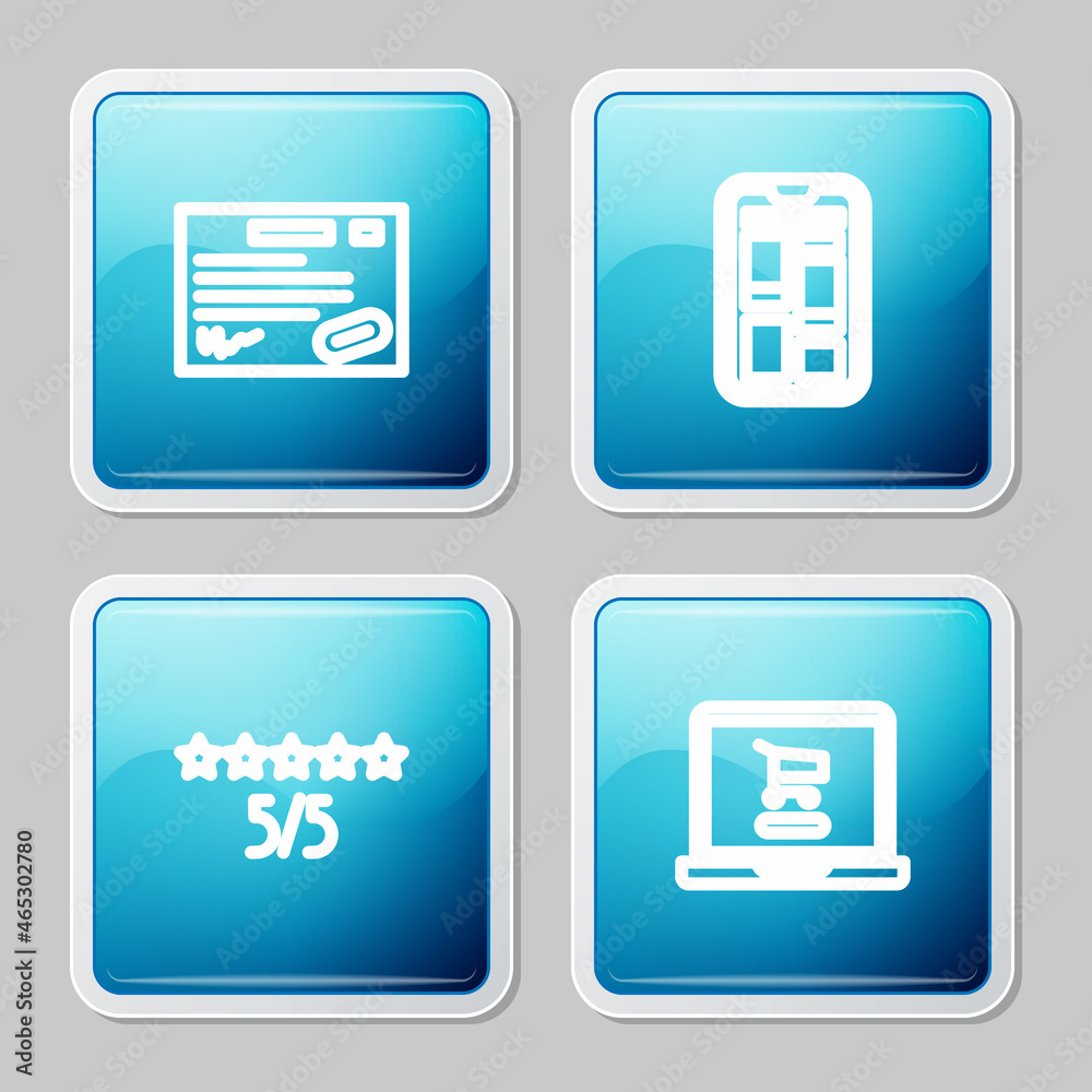 Set line Warranty certificate template, Online shopping on phone, Consumer or customer product rating and Shopping cart laptop icon. Vector Set line Warranty certificate template, Online shopping on phone, Consumer or customer product rating and Shopping cart laptop icon. Vector