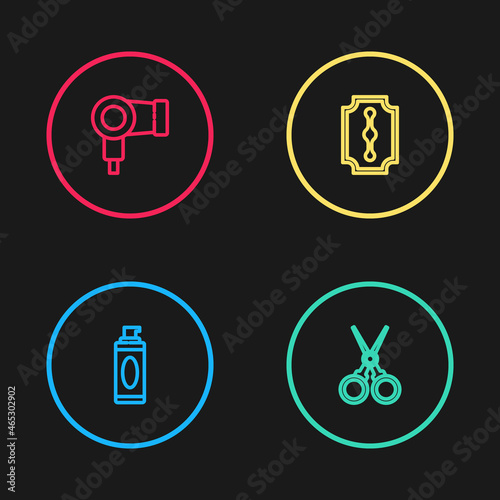 Set line Shaving gel foam, Scissors hairdresser, Blade razor and Hair dryer icon. Vector
