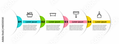 Set line Plastic basin with soap suds, Bathtub, Rubber cleaner for windows and Dustpan. Business infographic template. Vector