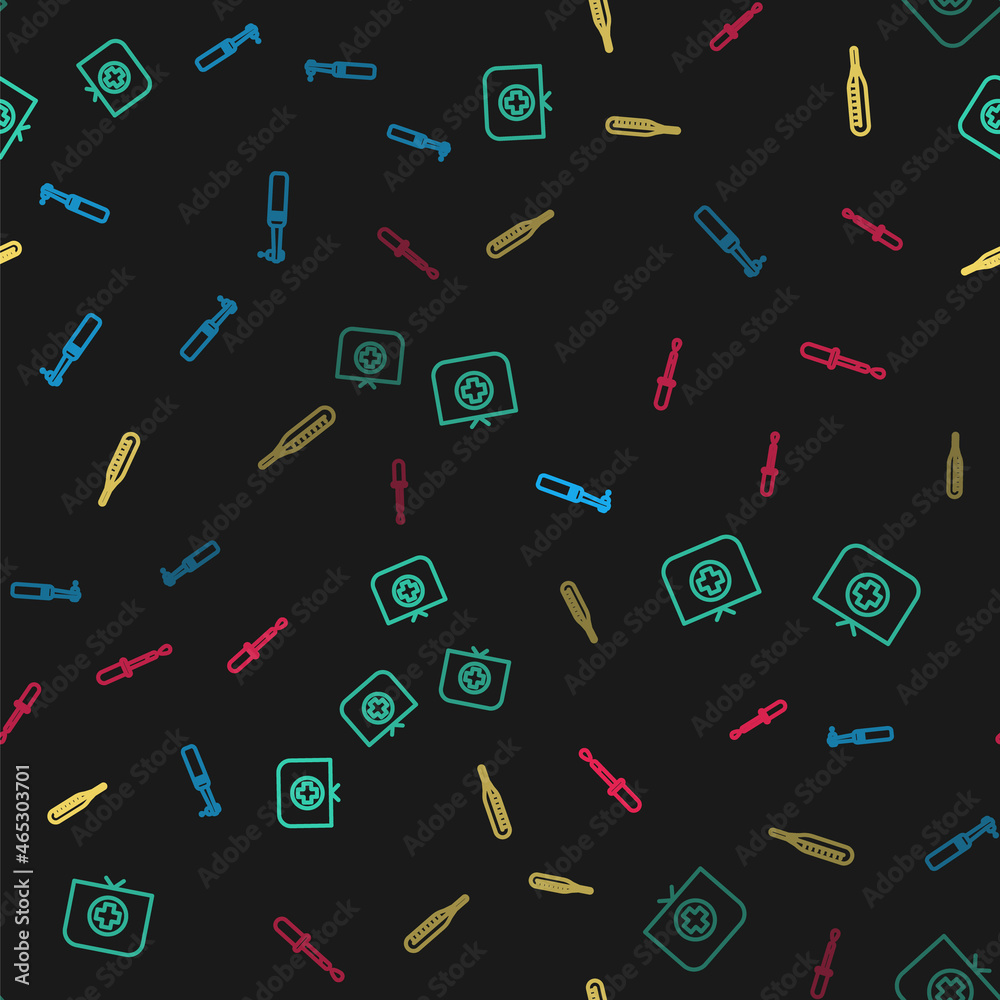Set line Tooth drill, Nurse hat with cross, Medical thermometer and Pipette on seamless pattern. Vector Set line Tooth drill, Nurse hat with cross, Medical thermometer and Pipette on seamless pattern. Vector