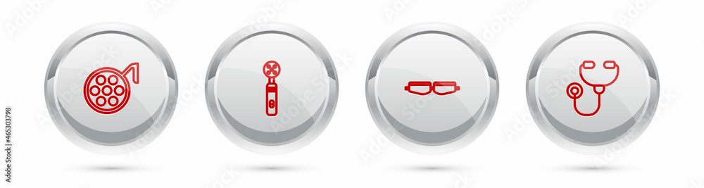 Set line Surgery lamp, Electric toothbrush, Safety goggle glasses and Stethoscope. Silver circle button. Vector Set line Surgery lamp, Electric toothbrush, Safety goggle glasses and Stethoscope. Silver circle button. Vector