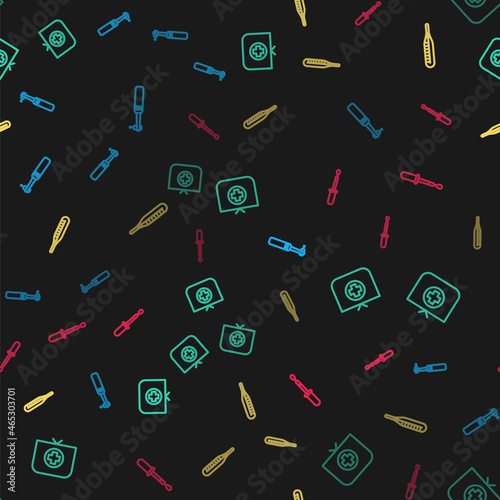 Set line Tooth drill, Nurse hat with cross, Medical thermometer and Pipette on seamless pattern. Vector