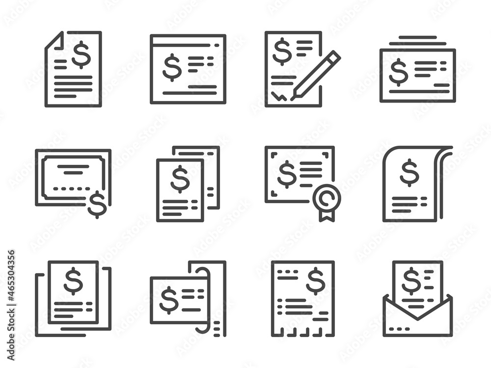 Invoice, Financial report and Contract document line icons. Bill ...