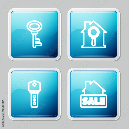 Set line House key  Search house  and Hanging sign with Sale icon. Vector