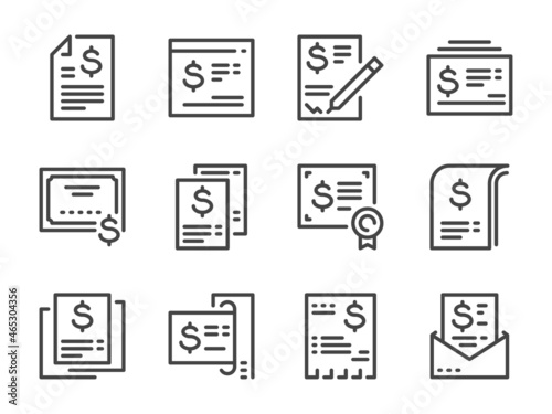 Invoice, Financial report and Contract document line icons. Bill, Receipt and Salary statement vector outline icon set.