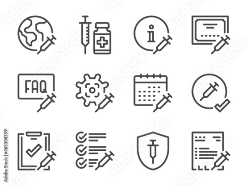 Vaccine and Medical vaccination line icons. Syringe, Injection and Antiviral therapy vector outline icon set.